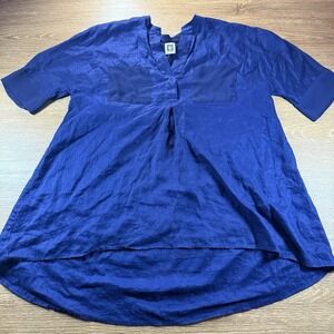 Anne Klein Women's Linen Tunic Top Navy High Low V Neck Short Sleeve Oversize